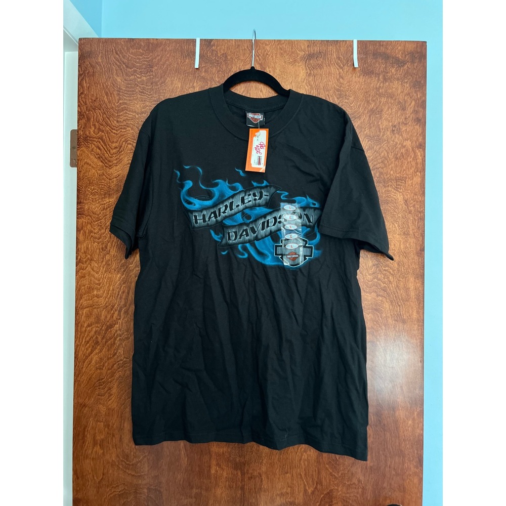 NEW Harley-Davidson T-Shirt Mens L Black Blue Flames Reno Nevada Graphic Tee